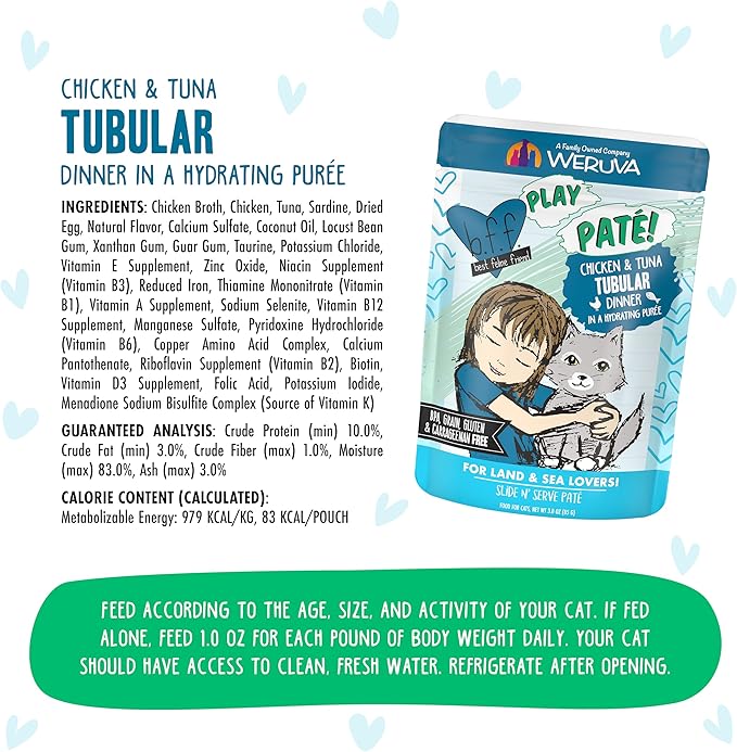 Weruva B.F.F. Play - Best Feline Friend Paté Lovers, Aw Yeah!, Chicken & Tuna Tubular with Chicken & Tuna, 3oz Pouch (Pack of 12)