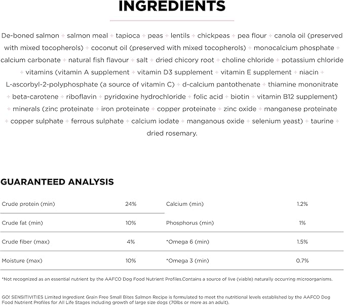 Go! Solutions Sensitivities Limited Ingredient Small Bites Salmon Grain-Free Dry Dog Food, Tiny Kibble for Little Breeds, Chicken-Free for Sensitive Stomachs, for Puppies, Adults, Seniors, 6 lb Bag