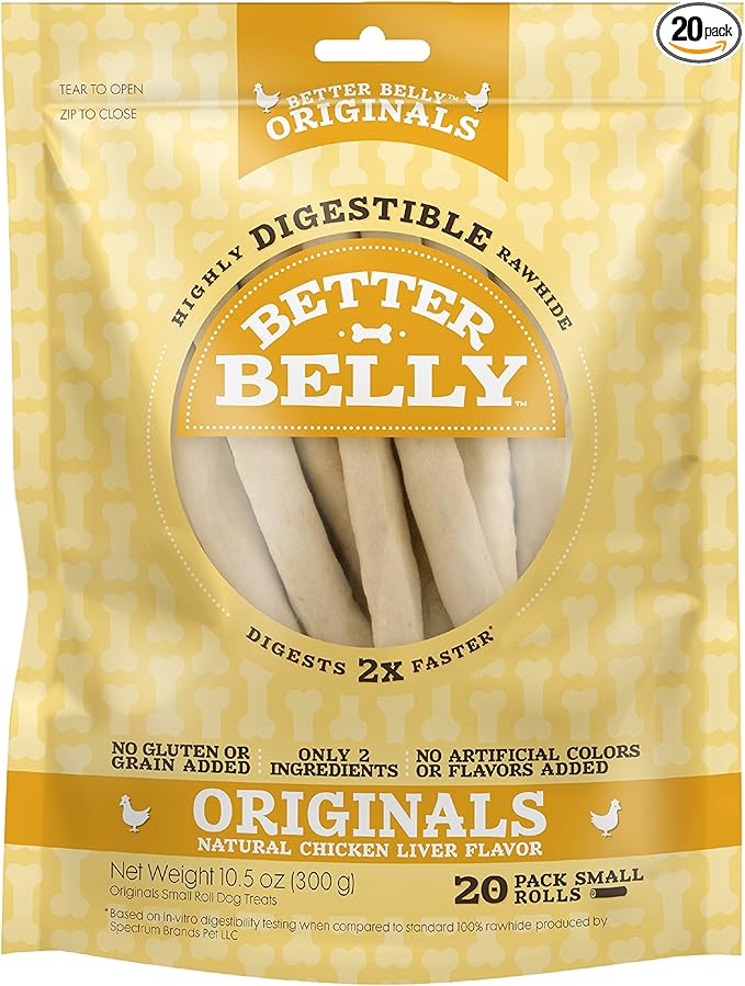 Better Belly Originals Natural Chicken Liver Flavor Small Rolls 20 Count, Highly Digestible Rawhide