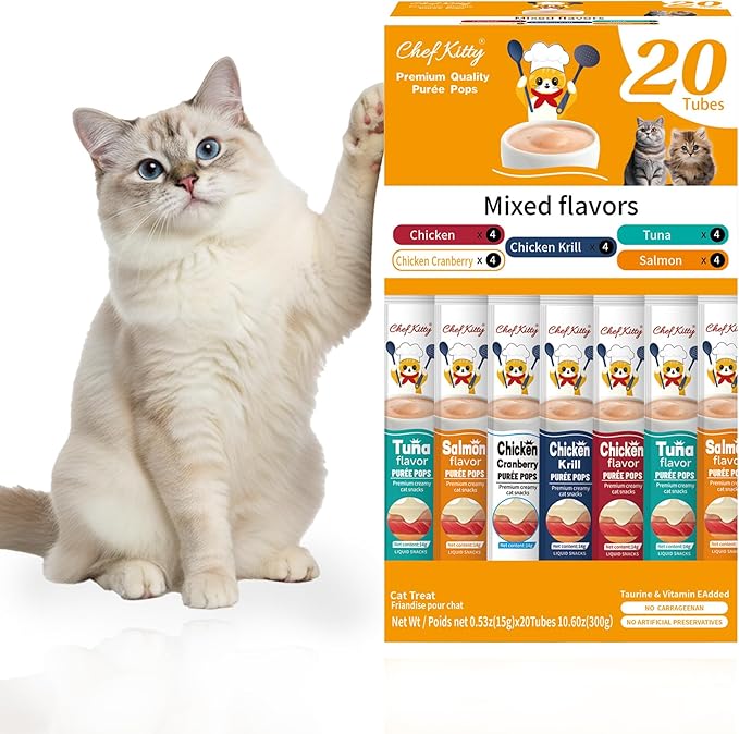 Purée Pops + Yellow Feeding Spoon, Grain-Free, Lickable, Squeezable Creamy Cat Treat/Topper, 20 Tubes, Chicken and Seafood Mix Variety