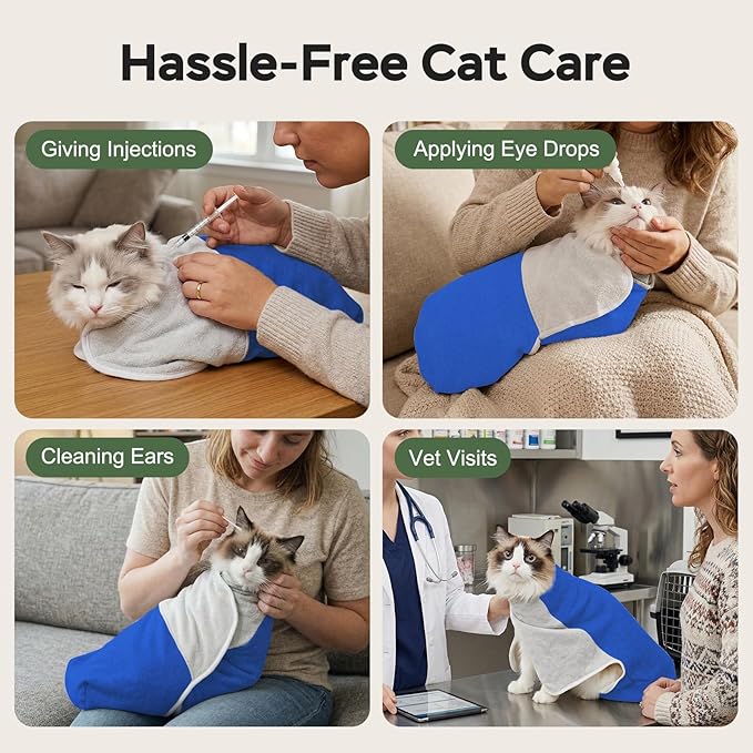 Cat Wrap for Cutting Nails, Self-Adhesive Cat Nail Clipping Restraint Bag, Anti-Scratch Cat Grooming Wrap Swaddle for Meds, SubQ Fluids, Ear Cleaning, Teeth Brushing & Vet Visits,Blue,M