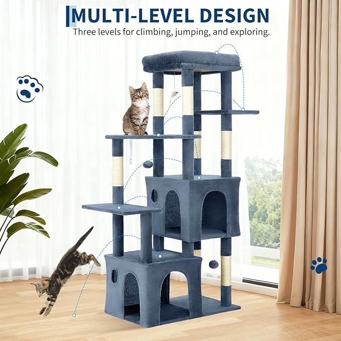 61.4 Inch Cat Tree, Large Cat Tower with Sisal Scratching Posts, 2 Spacious Cat Beds, Hanging Ball & Top Perch, Ideal for Large Indoor Adult Cats, Light Blue