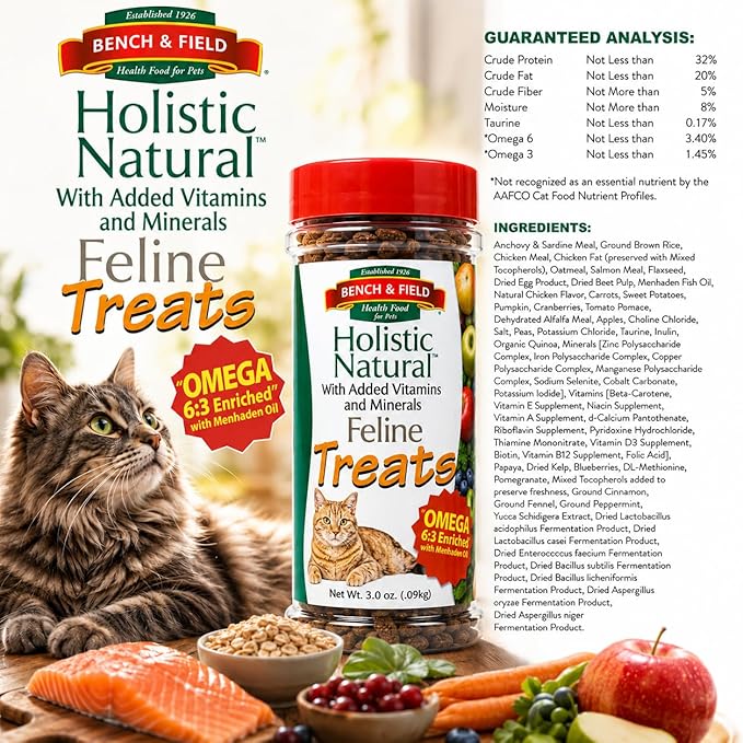 Bench & Field Holistic Natural Healthy Kitty Cat Treats | Crunchy Fish-Shaped Bites | Delicious Seafood Flavored Snack, 3-Ounce Bottle