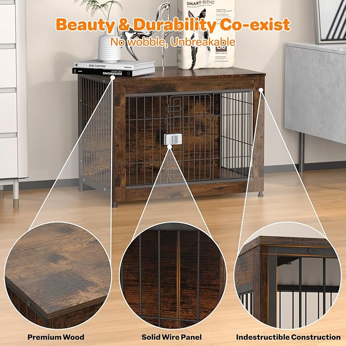 Escape Proof Decorative Dog Crate Furniture with Wooden Top, 32in Furniture Style End Table and Secure Indoor Kennel, Anti Anxiety for All Breeds, Aged Black