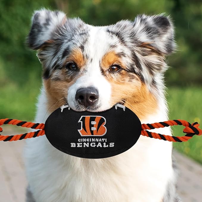 Pets First NFL Cincinnati Bengals Football Dog Toy, Tough Quality Nylon Materials, Strong Pull Ropes, Inner Squeaker, NFL Team Color