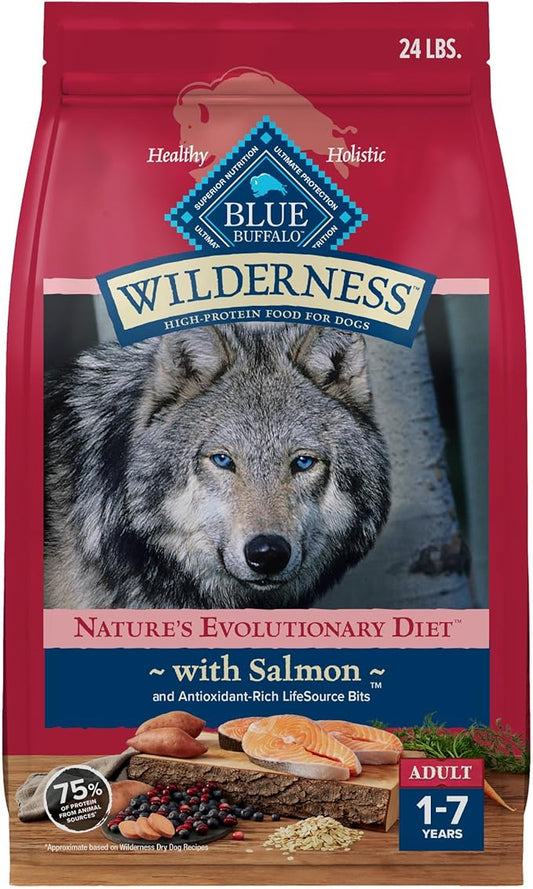 Blue Buffalo Wilderness Natural High-Protein Dry Food for Adult Dogs, with Wholesome Grains, Salmon, 24-lb. Bag