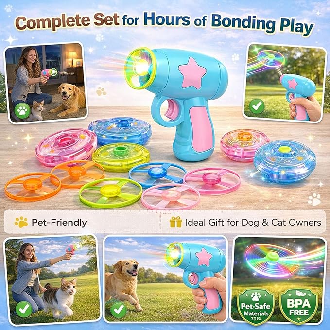 Bamboo Dragonfly Catapult Launcher, Flying Disk Launcher Toy,7 Piece Cat Fetch Toys,Interactive Flying Cat Toy for Pet Exercise & Night Play,with LED Glow (Pink)