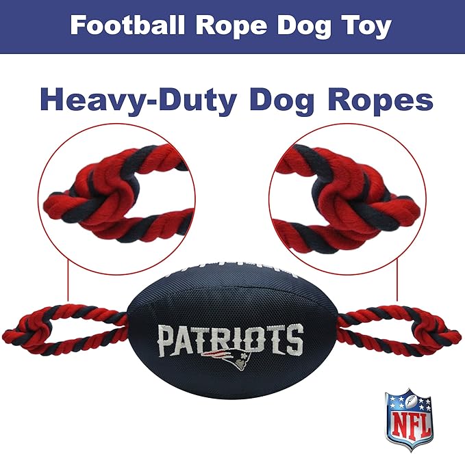 Pets First NFL New England Patriots Football Dog Toy, Tough Quality Nylon Materials, Strong Pull Ropes, Inner Squeaker, NFL Team Color
