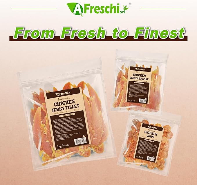 A Freschi srl Chicken Jerky Dog Treats, All Natural, High-Protein, Healthy & Easily Digestible, Grain-Free Puppy Chews, Human Grade Training & Rewards Dog Snacks, Chicken Chips, 16 oz Pack