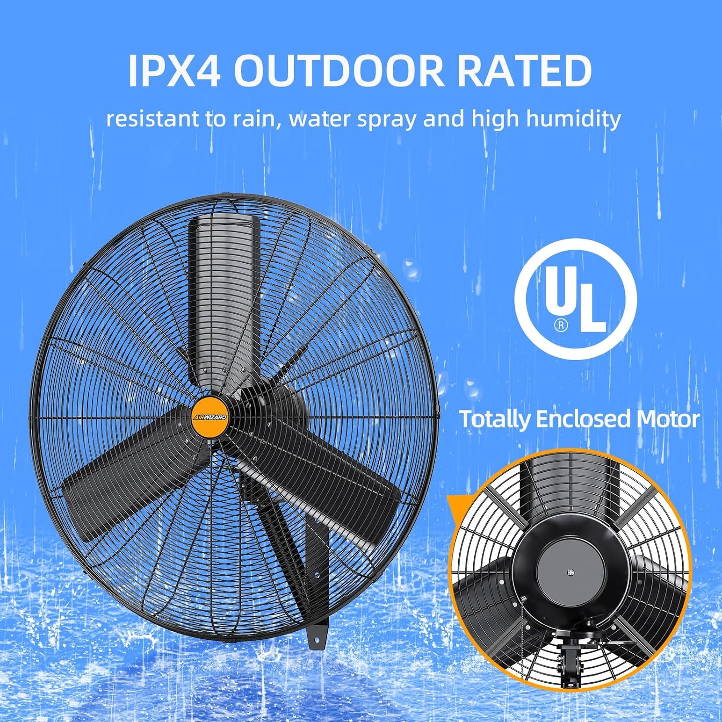 24 inch Outdoor Oscillating Wall Mounted Fan, High Velocity IPX4 Waterproof 7600 CFM Industrial Metal Wall Fan, 2 Speed, Adjustable Tilt, for Greenhouse, Patio, Garage, Workshop