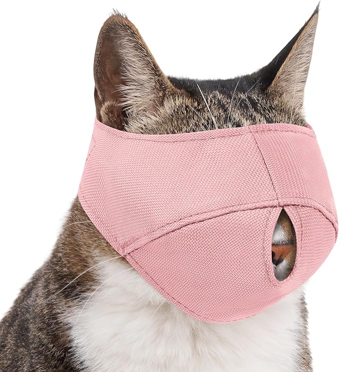 BARKLESS Cat Calming Muzzle for Grooming & Nail Trimming, Oxford Muzzle with Shading Design to Help Calm the Cat Down, Soft Head Cover to Prevent Biting & Scratching (Pink, L)