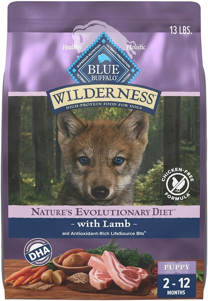 Blue Buffalo Wilderness 37 g Protein, Meat Rich Natural Puppy Dry Dog Food, Lamb, Chicken-Free Formula, 13lb Bag