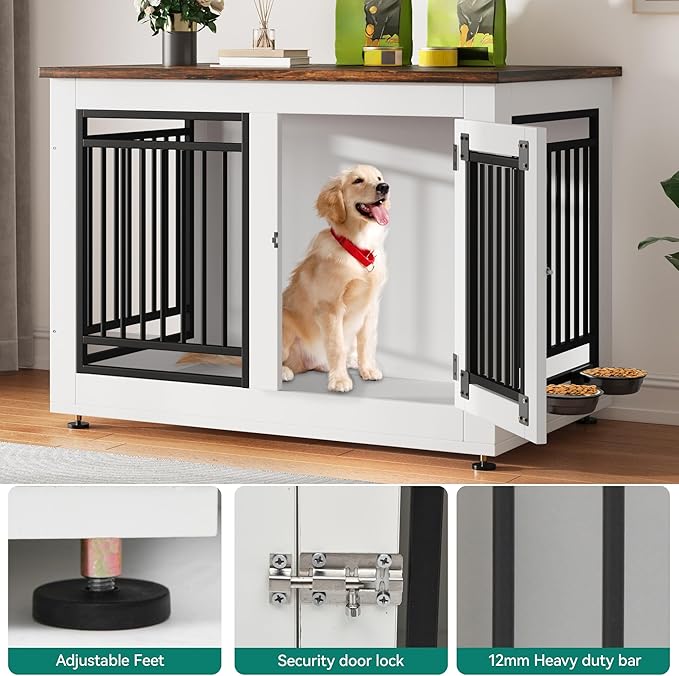 YITAHOME 39" Dog Crate Furniture, Wooden Side End Table with Adjustable Feet and Removable Bowls, Dog Kennel Indoor for Medium Large Dogs