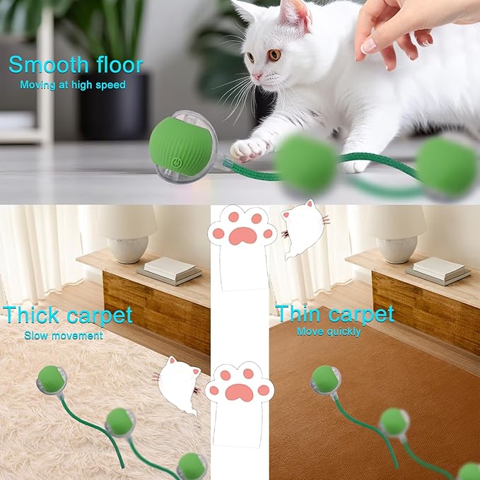 Interactive Cat Dog Toy Ball: Indoor Automatic Moving Smart Rolling Fun Pet Game with Led Light and Tail for Motion Activated, Kitten Puppy Present, Chase Exercise, Hunting Simulation-Upgrade (Green)