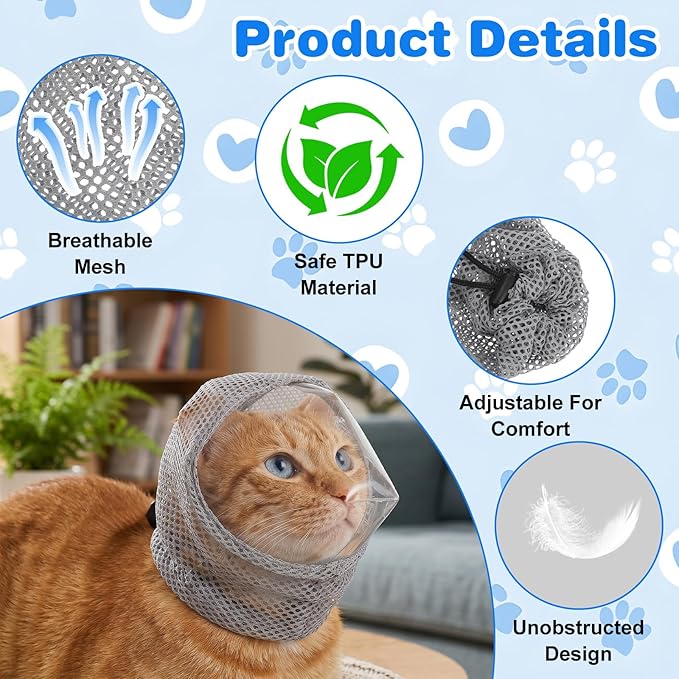 Adjustable Cat Muzzle for Grooming Biting Prevention Breathable TPU Cats Pet Head Cover Cats Helmet for Grooming with Transparent Anti-Bite Bubble Muzzle for Nail Trimming Bathing Vet Visits(S)