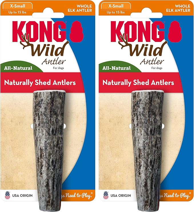 KONG Antlers for Dogs – 2 Pack of Naturally Shed Elk Antlers, 100% All-Natural & Sustainable Chews, Long-Lasting, Cleans Teeth, Freshens Breath (X-Small)