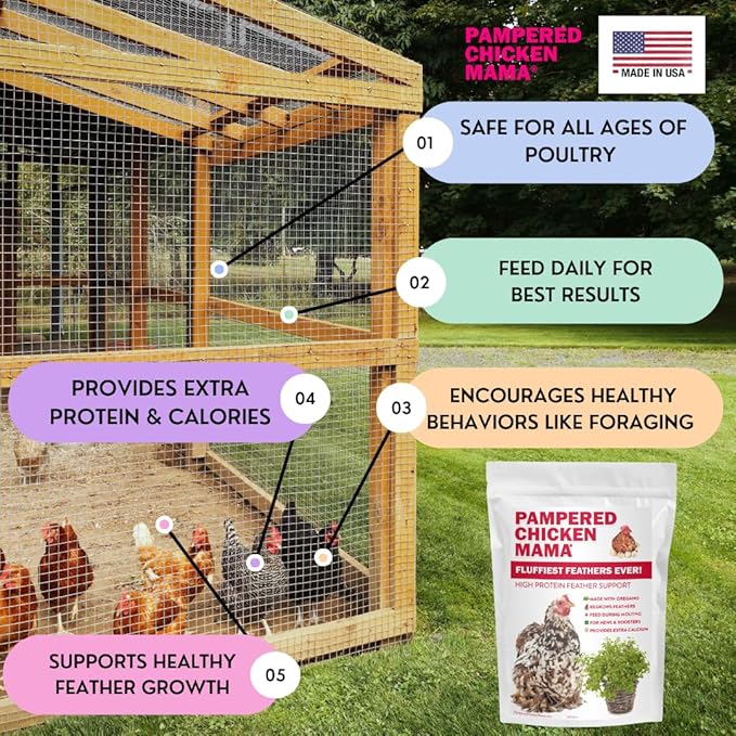 Pampered Chicken Mama Backyard Chicken Molting Supplement: Fluffiest Feathers Ever Backyard Chicken Feed and Supplies for Hens (6 Pound Economy Size)