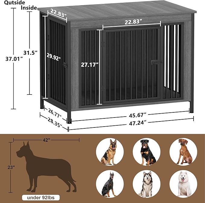 EasyCom Dog Crate Furniture for 1 or 2 Dogs, Heavy Duty Single/Double Dog Crates for Small/Medium/Large Dogs, Dog Kennel Furniture Indoor as TV Stand, Extra Large Size 47.24" L(65-92 Pounds), DGY
