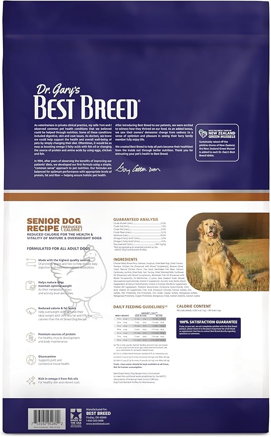 Best Breed Dr. Gary's Senior Dog Recipe, Reduced Calorie Dry Dog Food for Senior & Overweight Dogs, All Breeds, 28 lb. Bag