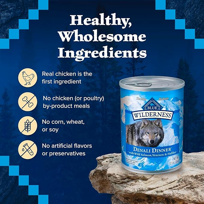 Blue Buffalo Wilderness Denali Dinner Wet Dog Food, High-Protein & Grain-Free Wild Salmon, Venison & Halibut, 12.5-oz Can (12 Count)