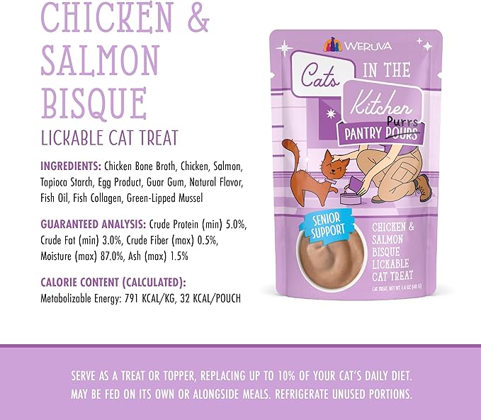 Weruva Cats in the Kitchen Pantry Pours, Chicken and Salmon Bisque with Senior Support, 1.4oz Pouch, Pack of 12