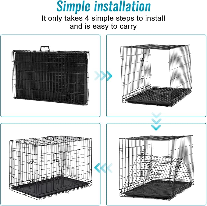 FDW 24-Inch Dog Crate for Small Dogs, Double Door Folding Metal Wire Pet Kennel with Divider Panel & Leak-Proof Plastic Tray, Black