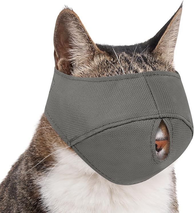 BARKLESS Cat Calming Muzzle for Grooming & Nail Trimming, Oxford Muzzle with Shading Design to Help Calm the Cat Down, Soft Head Cover to Prevent Biting & Scratching (Grey, M)