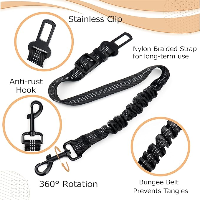 Reflective Bungee Dog Seatbelt Set of 2 with Hook, Adjustable Heavy Duty Elastic Pet Seat Belt for Vehicle, Durable Nylon Car Harness for Dogs, Pet Safety Travel