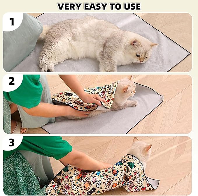 Cat Wrap for Grooming Cutting Nails Velcro Fabric for Cats Restraint for Nail Clipping Self Adherent Anti Bite Anti Scratch Swaddle Burrito Wrap (Yellow, XL)