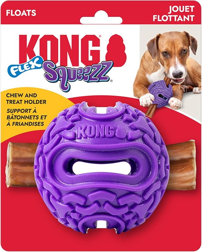 KONG Squeezz Flex Ball – Flexible Treat & Chew Holder for Dogs – Interactive Dog Toy for Fetch, Floating, & Travel – Holds Treats, Chews, & Bully Sticks (Small/Medium)