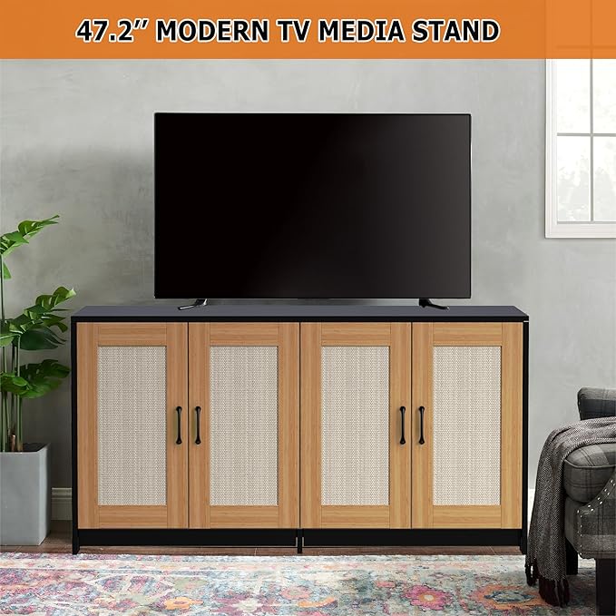 Double Room Litter Box Enclosure For 2 Cats, 47.2" Large Wood Hidden Litter Box Furniture For 2 Boxes with Sisal Doors and Sliding Drawers, Indoor Cat House TV Stand Black