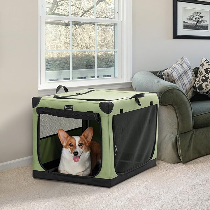 PETSFIT 30" Soft Portable Dog Crate – Patented Spiral Sturdy Frame, Collapsible Travel Kennel for Medium Dogs, 3 Mesh Door, Lockable Zippers, Indoor & Car Use Green