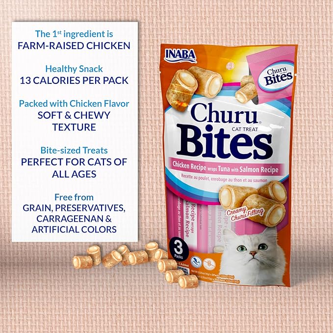 INABA Churu Bites for Cats,Grain-Free,Soft/Chewy Baked Chicken Wrapped Churu Filled Cat Treats with Vitamin E,1.05,(Pack of 16)