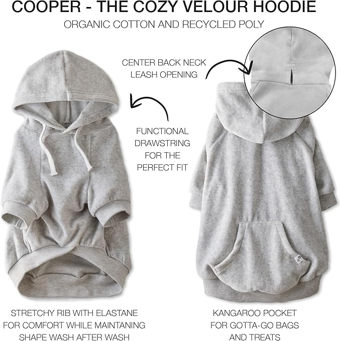 Pet Passion Cooper II Organic Cotton Velour Dog Hoodie Pet Coat for Small, Medium and Large Dogs, Light Heather Gray, Medium