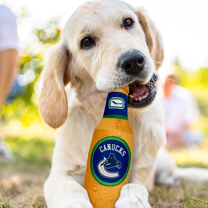 Pets First NHL Vacouver Canucks Beer Bottle Plush Dog & Cat Toy- Cutest Stadium SODA Bottle Snack Plush Toy for Dogs & Cats with Inner Squeaker & Beautiful Hockey Team/Logo