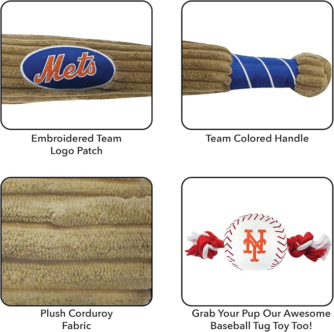 MLB New York Mets Baseball Bat Toy for DOGS & CATS. Soft Corduroy Plush Dog Toy with Inner SQUEAKER, MLB Chew Toys for Dogs or Cats. Durable Fun Interactive Dog Toy with Team Names and Logo
