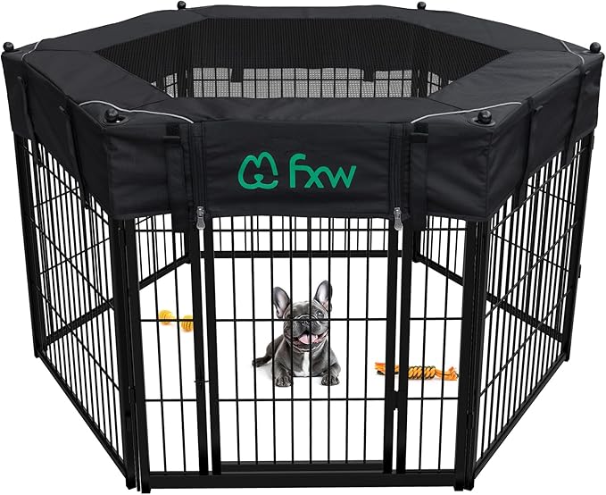 FXW Homeplus Indoor Dog Playpen with Hexagon Mesh Top Cover for Escape Prevention, 32 Inch 6 Panels Heavy Duty Dog Pen for Small and Medium Dogs, Black│Patented