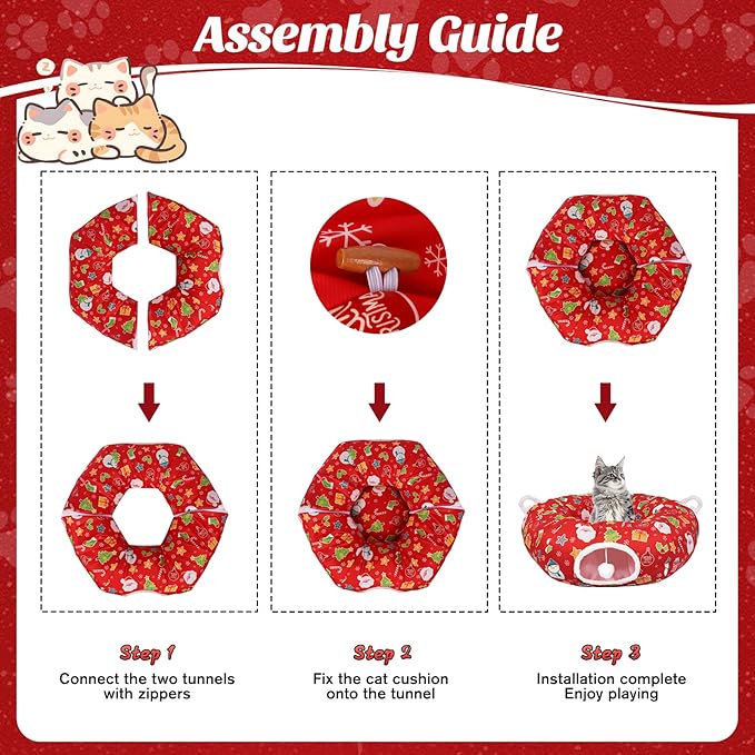 Cat Tunnel Christmas Tree Skirt, Cute Cat Tunnel Bed Under Christmas Tree with Washable Mat, Dangling Balls, Circle Pet Donut Tube Bed for Kitten Puppy Rabbit, Cats Xmas Toy Gifts
