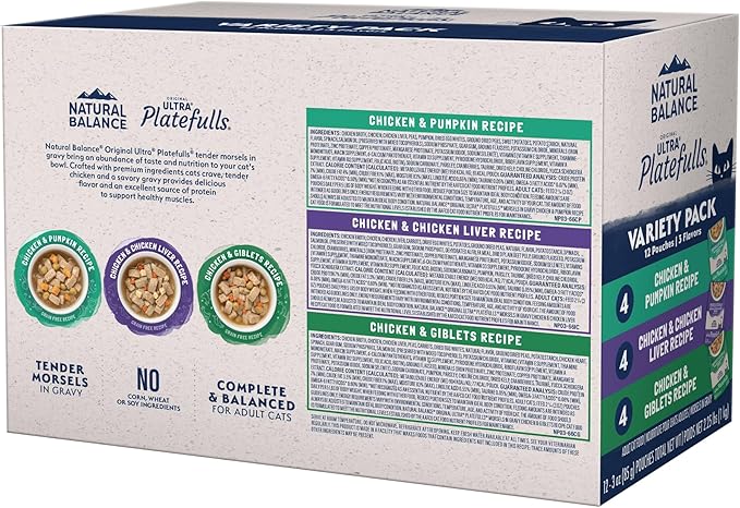Natural Balance Platefulls Variety Pack - Chicken Morsels in Gravy Wet Cat Food, Chicken Cat Food Variety Pack, 3 oz., Case of 12