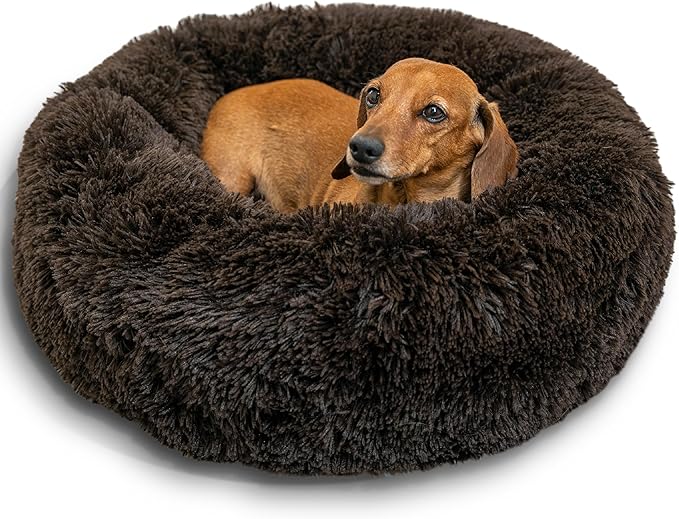 Best Friends by Sheri The Original Calming Donut Dog Bed for Small Dogs up to 25 lbs, Shag Faux Fur, Dark Chocolate, 23" x 23"