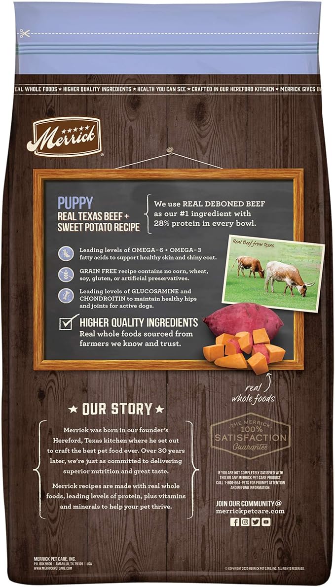 Merrick Premium Grain Free Dry Puppy Food, Wholesome and Natural Kibble with Real Texas Beef and Sweet Potato - 10.0 lb. Bag