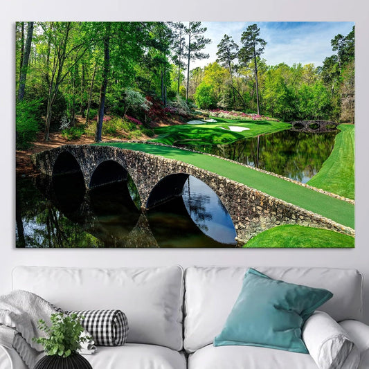 Nature Wall Art Prints - Ocean Forest Mountain Lake Canvas Landscapes - Small to Extra Large Living Room Bedroom Kitchen Bathroom Décor (Golf Course with Stone Bridge, 20L" x 30W")