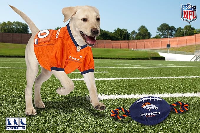 Pets First NFL Denver Broncos Football Dog Toy, Tough Quality Nylon Materials, Strong Pull Ropes, Inner Squeaker, NFL Team Color