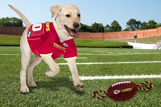 Pets First NFL Kansas City Chiefs Football Dog Toy, Tough Quality Nylon Materials, Strong Pull Ropes, Inner Squeaker, NFL Team Color