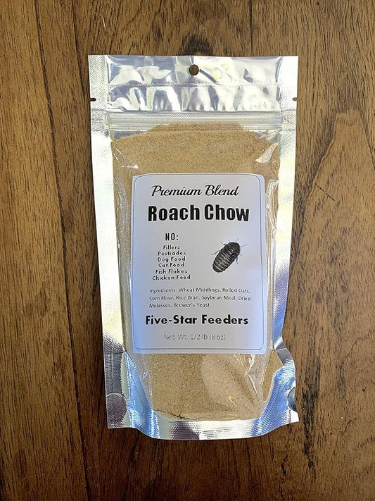 1/2 lb. Roach & Cricket Chow – Balanced Protein, Calcium-Fortified Diet by Five-Star Feeders – Resealable Mylar Bag