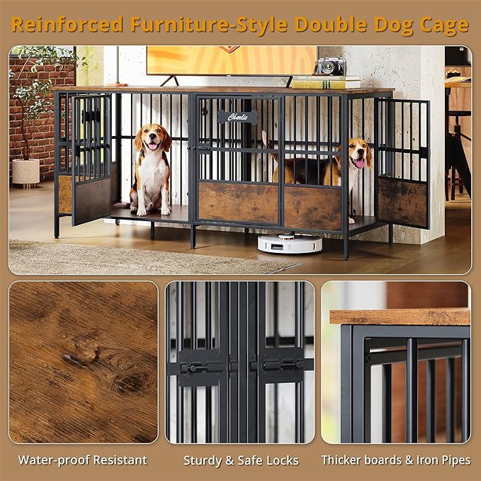 IRONCK 67" Dog Crate Furniture for 1 or 2 Dogs – Heavy Duty Dog Kennel with Adjustable Divider, Double Dog Cage as TV Stand, Rustic Brown