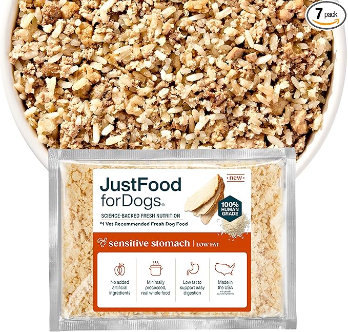 JustFoodForDogs Wet Dog Food for Sensitive Stomachs, Human Grade Frozen Fresh Pet Meal or Topper, Low Fat, Supports Dog Gut Health, Highly Digestible, Limited-Ingredient Recipe (72oz Pouch, 7 Pack)