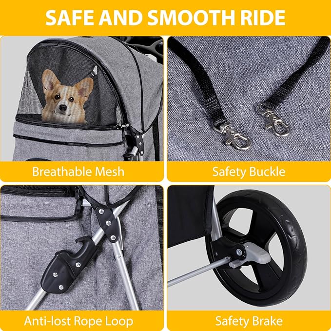 4 Wheels Foldable Pet Dog Cat Jogger Stroller Travel Carrier Strolling Cart w/Waterproof Cover Storage Basket Cup Holder & Removable Liner for Medium Small Cat Dog, Grey