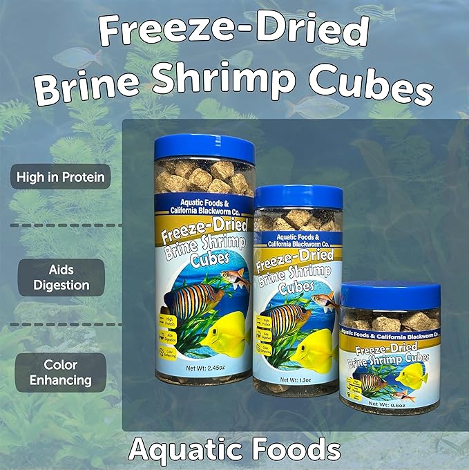 Brine Shrimp, Freeze Dried Floating Brine Cubes for Cichlids, Discus, Tetras, Goldfish, Bettas, Angel Fish, Marines, All Tropicals, Aquatic Turtles 2.45oz Canister