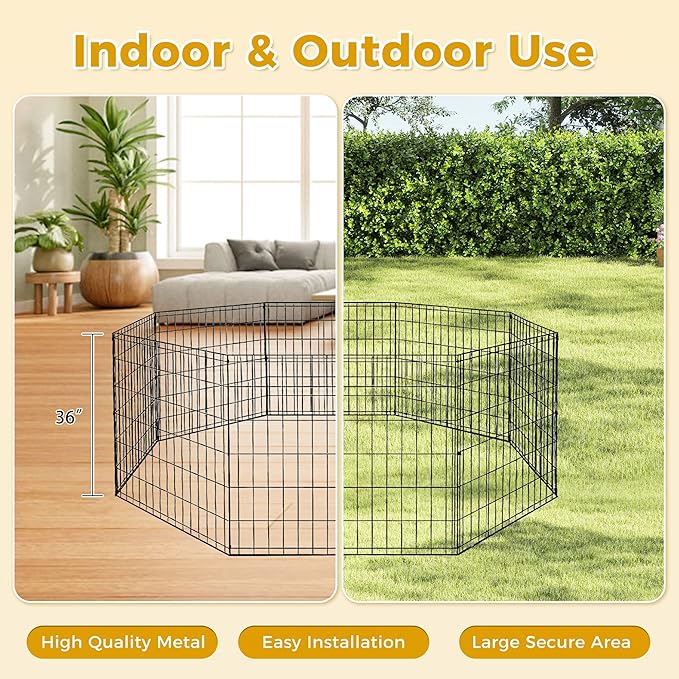 PAWZ Road Dog Playpen Foldable Metal Dog Fence Outdoor/Indoor Use Portable Design for RV and Camping- 8 Panels (24" Wide Each), 36 inch Height for Small Dogs Puppy Large Dogs